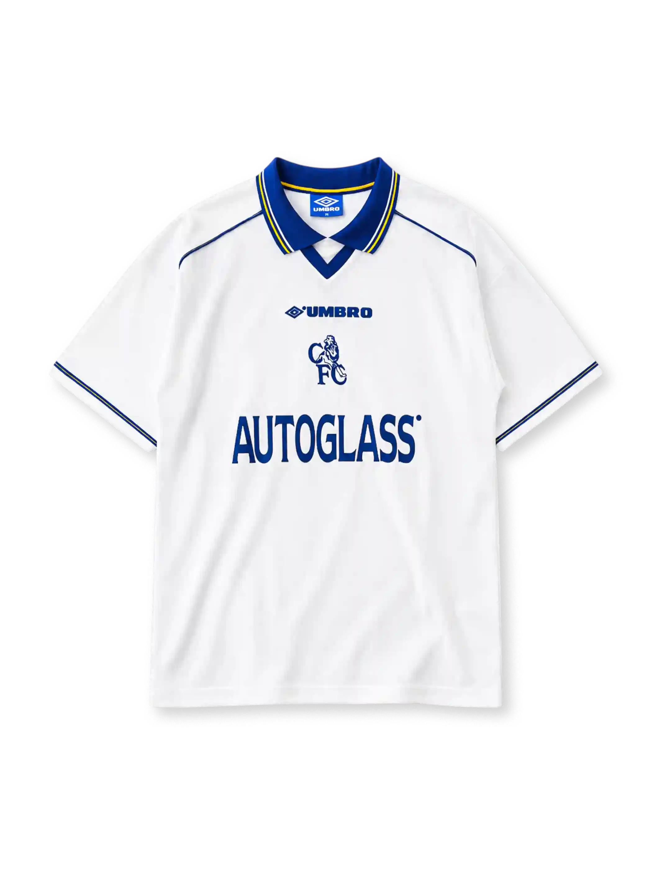 AUTOGLASS 스폰서 로고가 있는 첼시 1998-2000 어웨이 레트로 유니폼