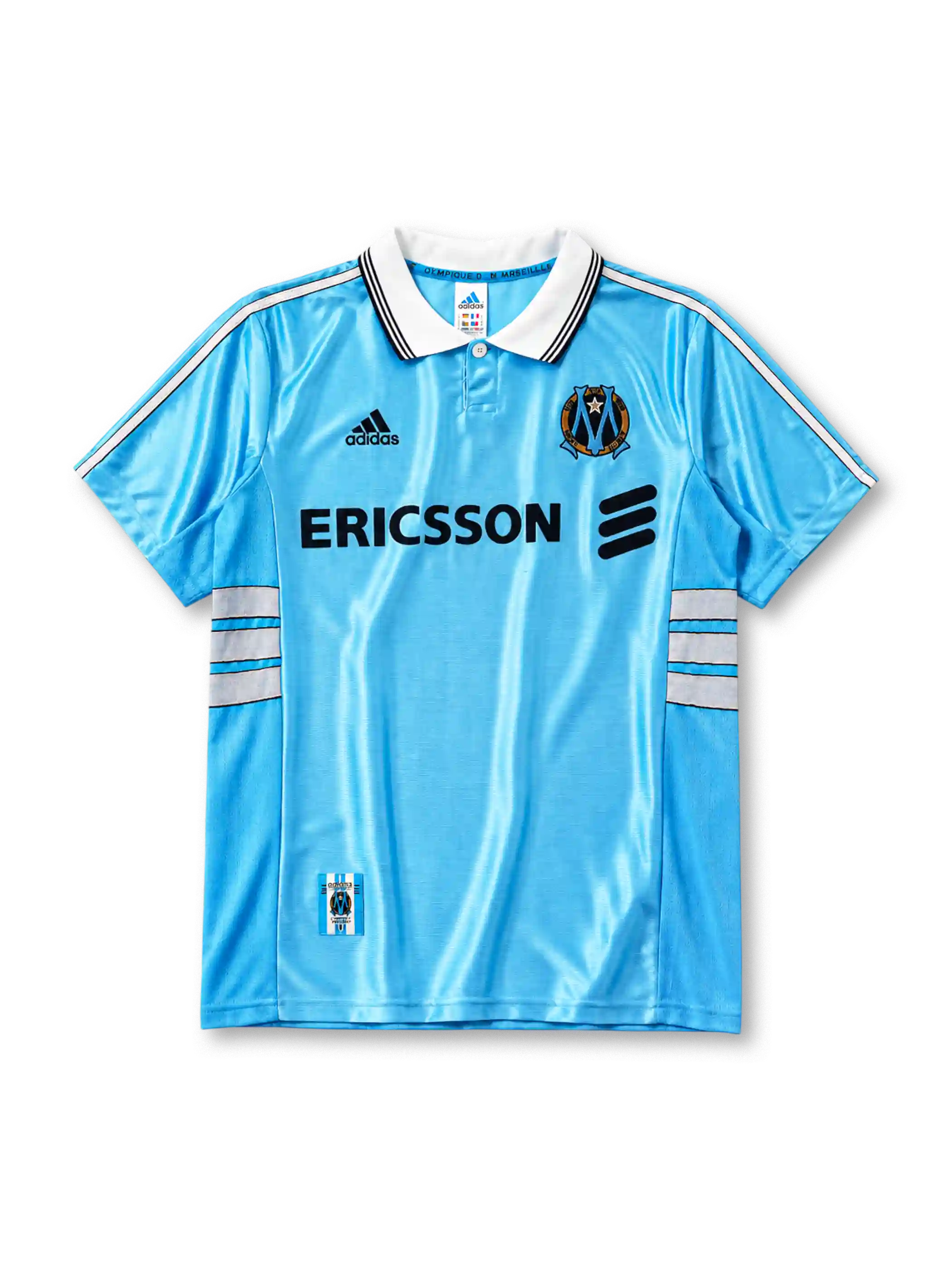 ERICSSON 스폰서 로고가 있는 올랭피크 마르세유 1998/99 어웨이 레트로 유니폼