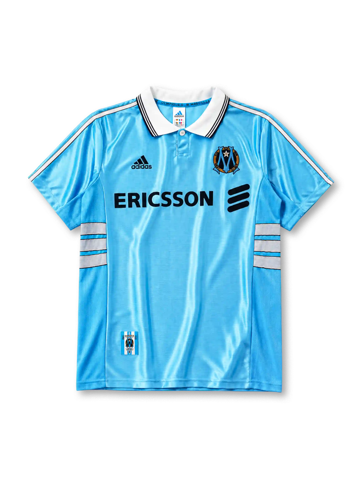 ERICSSON 스폰서 로고가 있는 올랭피크 마르세유 1998/99 어웨이 레트로 유니폼