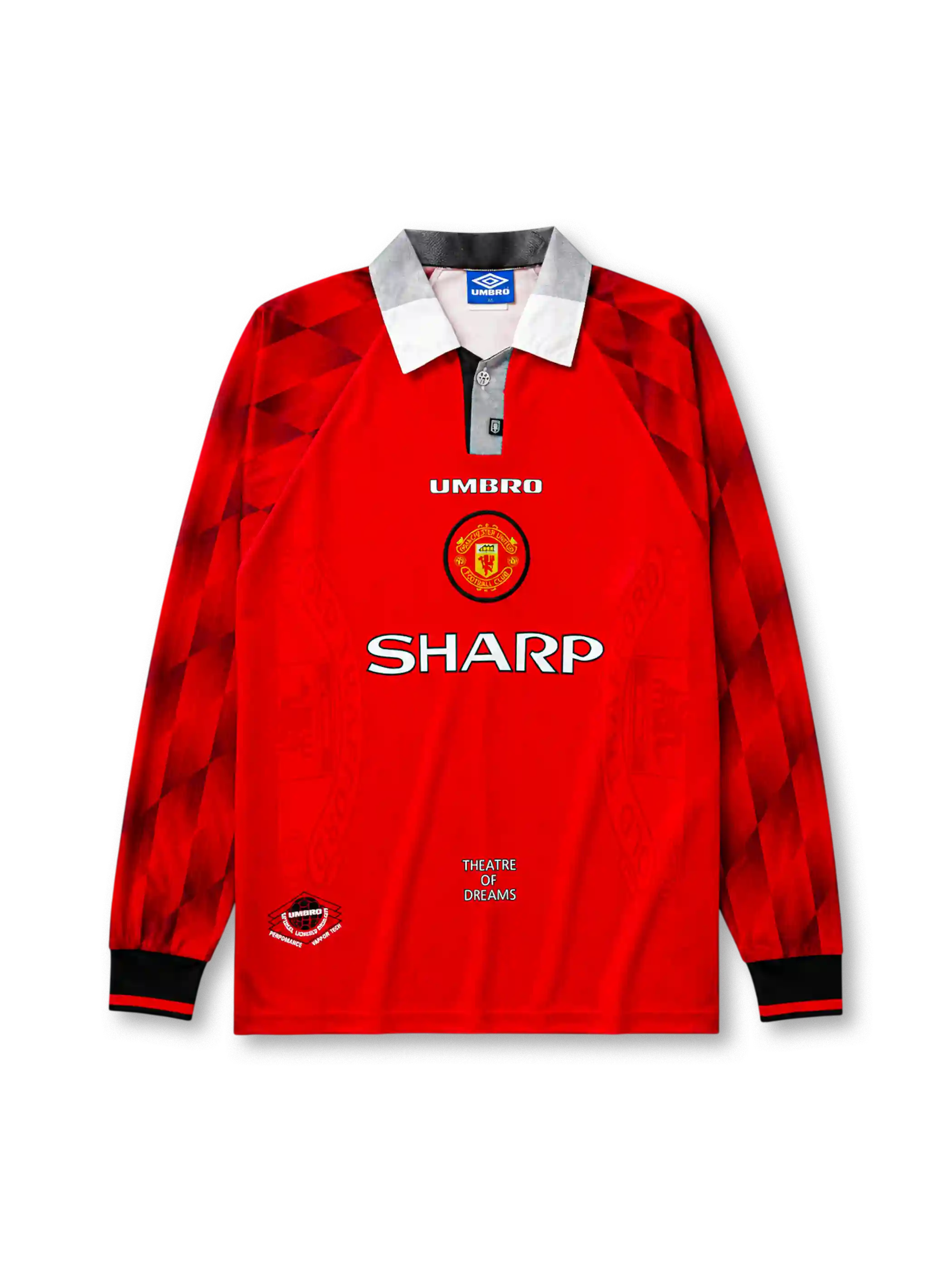 THEATRE OF DREAMS 문구가 있는 맨체스터 유나이티드 1996/97 홈 레트로 유니폼