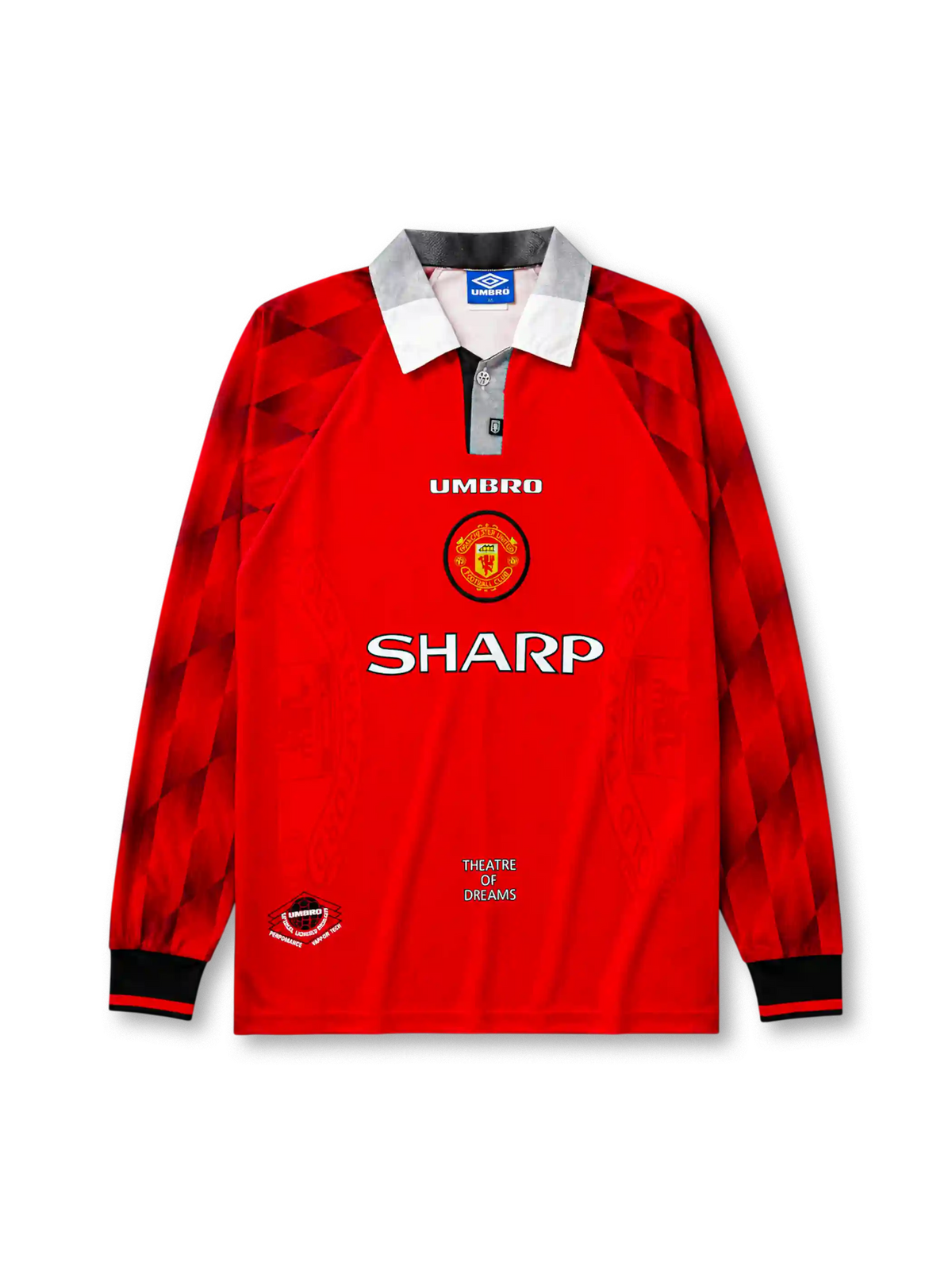 THEATRE OF DREAMS 문구가 있는 맨체스터 유나이티드 1996/97 홈 레트로 유니폼
