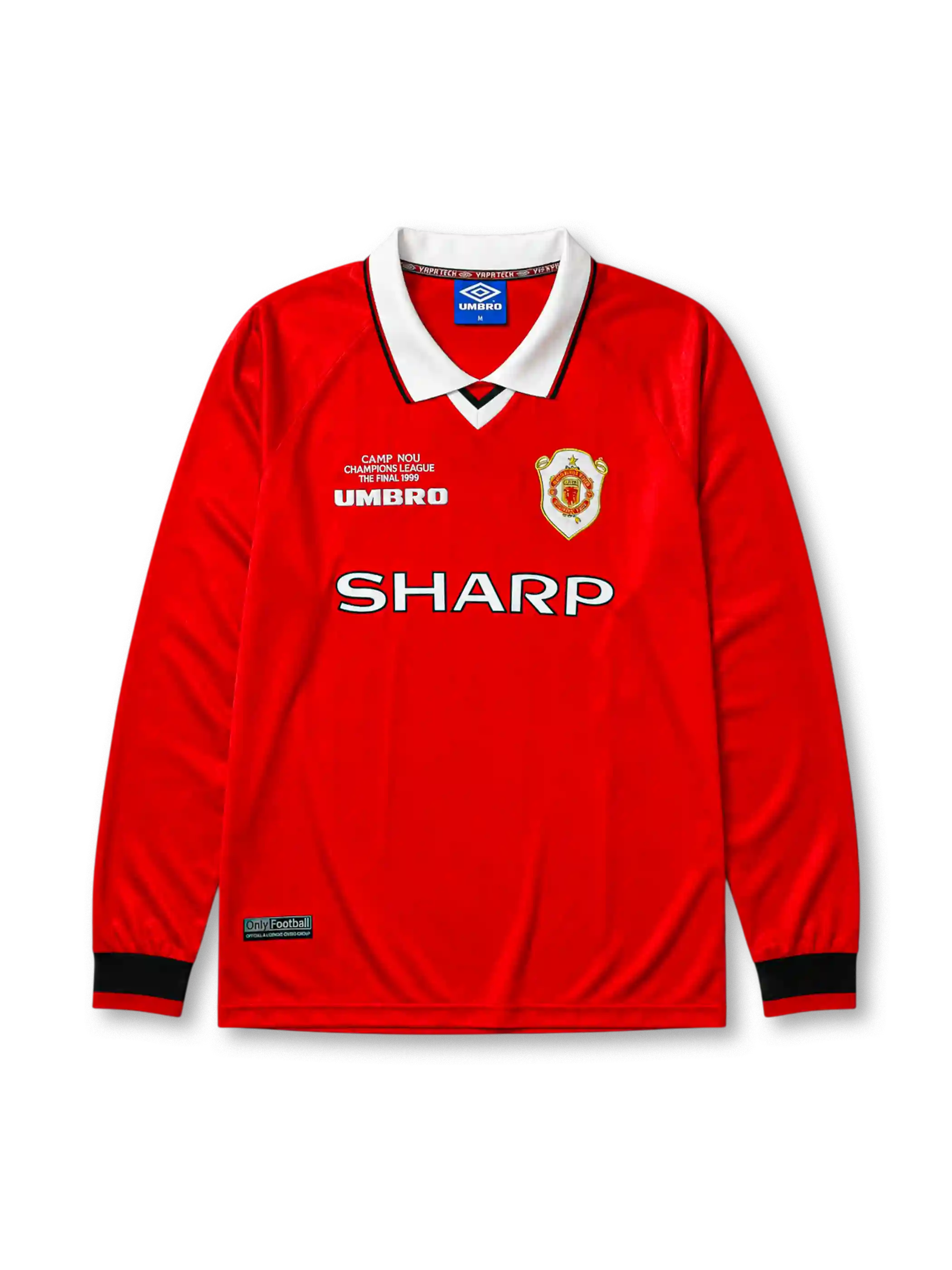 CAMP NOU THE FINAL 1999 자수가 있는 맨체스터 유나이티드 1999/2000 홈 레트로 유니폼