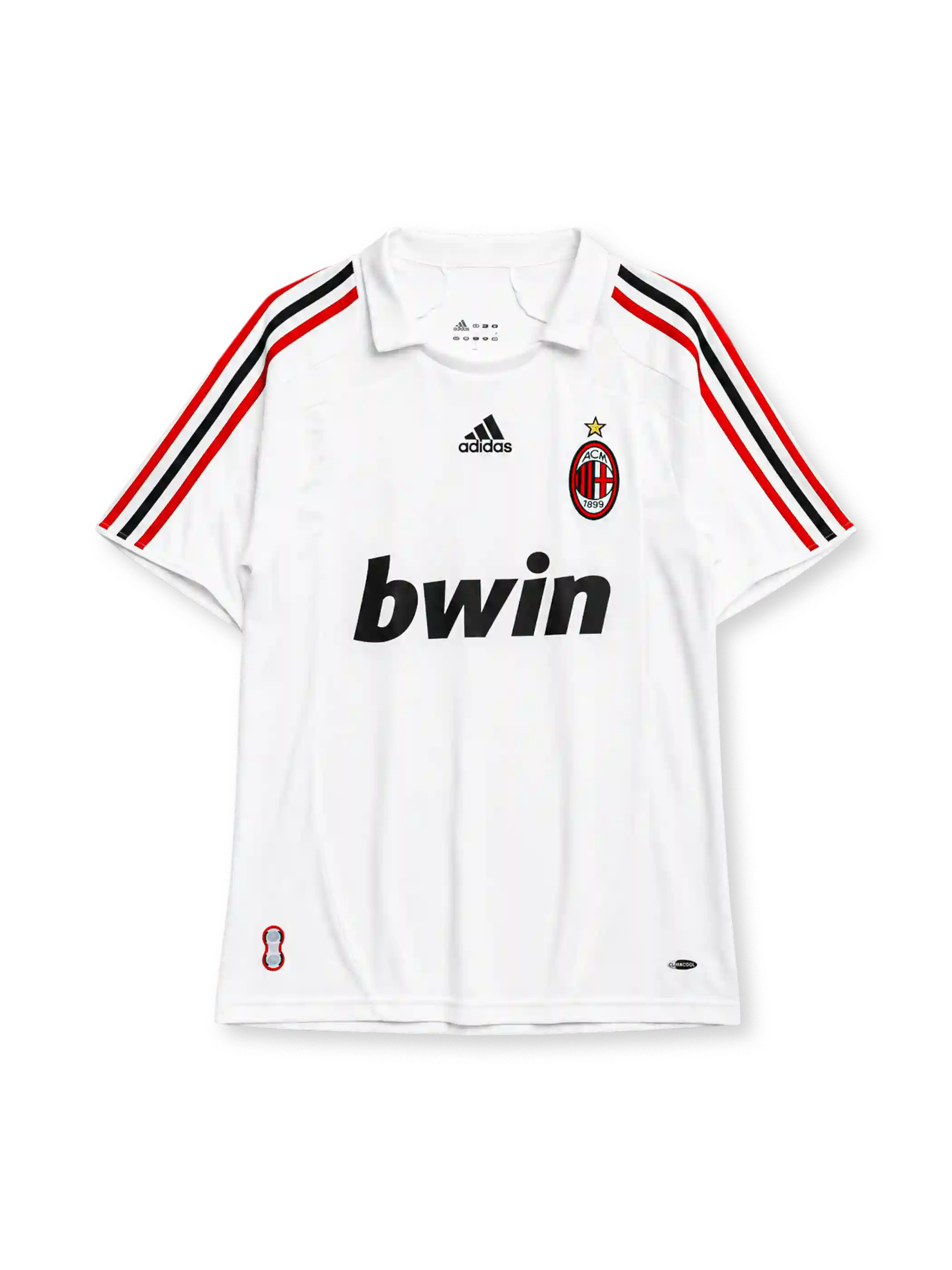 AC 밀란 2007/08 어웨이 레트로 유니폼, 흰색 바탕에 빨간색과 검은색 adidas 어깨 삼선, 블랙 bwin 스폰서와 금색 별이 장식된 클럽 엠블럼이 적용된 반팔 축구 셔츠