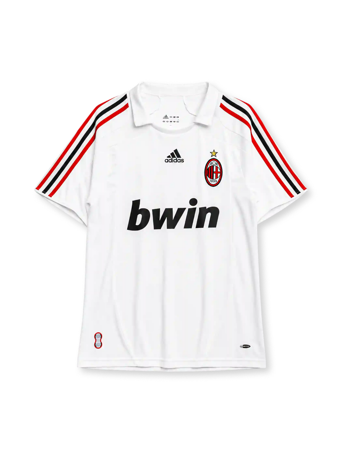 AC 밀란 2007/08 어웨이 레트로 유니폼, 흰색 바탕에 빨간색과 검은색 adidas 어깨 삼선, 블랙 bwin 스폰서와 금색 별이 장식된 클럽 엠블럼이 적용된 반팔 축구 셔츠