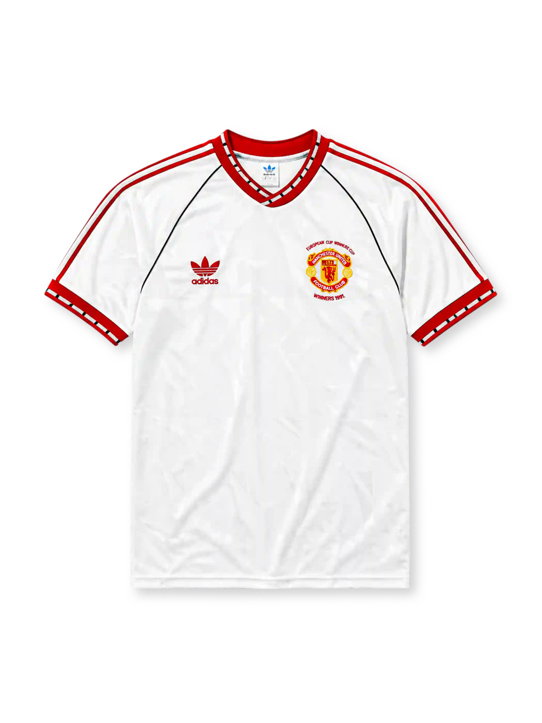 1991년 맨체스터 유나이티드 어웨이 레트로 유니폼, 화이트 바탕과 레드 adidas 3선, V넥 칼라, 트레포일 로고 및 유러피언 컵위너스컵 우승 기념 엠블럼이 특징인 축구 셔츠