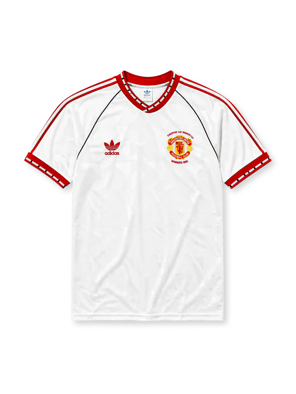 1991년 맨체스터 유나이티드 어웨이 레트로 유니폼, 화이트 바탕과 레드 adidas 3선, V넥 칼라, 트레포일 로고 및 유러피언 컵위너스컵 우승 기념 엠블럼이 특징인 축구 셔츠